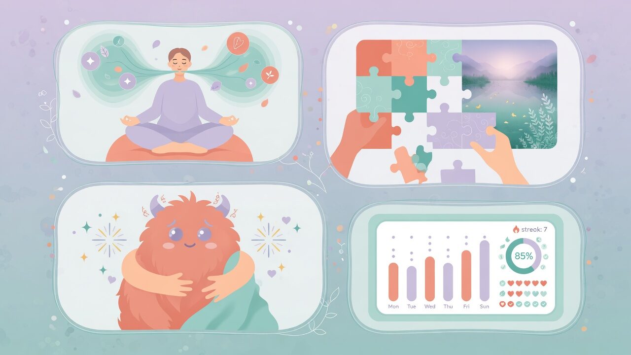 MindBubble feature collage: breathing, jigsaw puzzles, worry monster, trackers and community