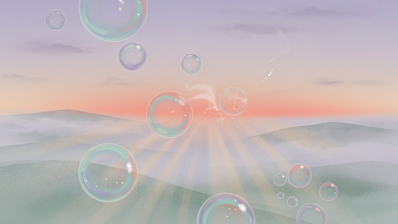 Soft glowing bubbles floating in a calm pastel landscape — MindBubble hero