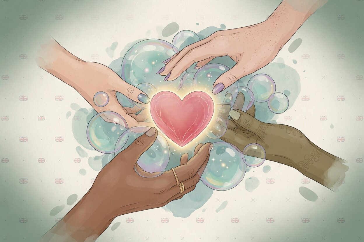 Supportive hands holding a glowing heart with soft bubbles — representing safe mental health support